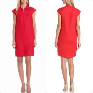 Jones NY Red Linen Dress Size 10 Collared Short Sleeve Button Up Pockets